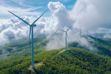 Wall Mural - On a bright and sunny day, an aerial photograph captures a wind farm atop a hill in New South Wales, Australia