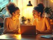 © k - cozy indoor conversation women family living room homework education laptop friendship support