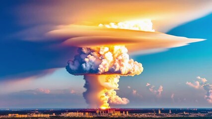 Poster - Mushroom cloud from a nuclear explosion billowing above a city at sunset, casting an intense and apocalyptic atmosphere with vibrant orange and deep blue hues in the sky