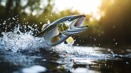 Salmon fish jumping out of river lake water. aquatic marine wildlife nature animal, splash, fauna, food, fishing sport hobby.