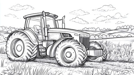 Tractor in nature field coloring book page outline contour drawing illustration. countryside agriculture machine vehicle, village farm meadow.