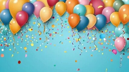 Poster - Colorful balloons floating with confetti and streamers falling against a light blue background create a festive atmosphere, perfect for celebrations, birthdays, and joyful occasions