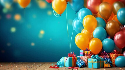 Poster - Colorful balloons floating above a collection of beautifully wrapped gifts on a wooden surface, creating a festive atmosphere against a vibrant teal backdrop with bokeh lights