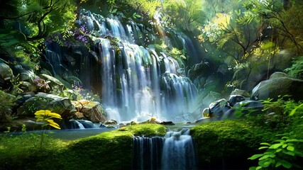 Wall Mural - Tranquil Waterfall Cascades Over Lush Green Rocks in Vibrant Forest, Surrounded by Colorful Flowers and Sunlight, Creating Picturesque Nature Landscape.