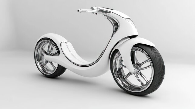 Sleek futuristic white scooter design with chrome wheels. Ideal for personal transport in a sci-fi setting or as a stylish urban commuter.