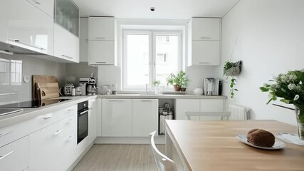 Aufkleber - Bright, modern, white kitchen with dining table, flowers, and healthy loaf of bread, showcasing a clean and organized space perfect for cooking and enjoying meals