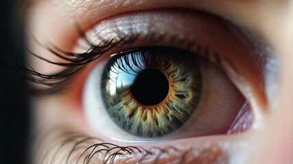 Poster - Extreme close up of a human eye showcasing the complex structures of the iris, pupil, and surrounding tissues, highlighting the beauty and intricacy of the organ of sight