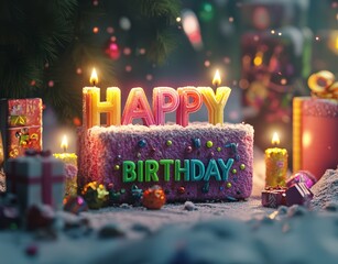 Wall Mural - bright happy birthday text with glowing candles and balloons