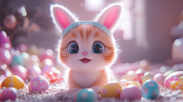 Adorable Easter Bunny amidst Pastel Eggs