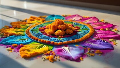 A vibrant rangoli design adorned with colorful flowers and intricate patterns for the Diwali festival