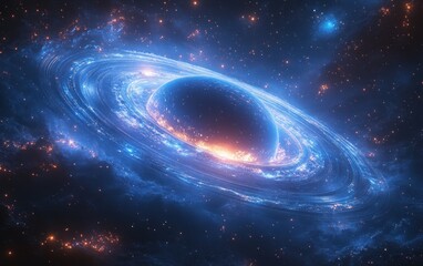 Wall Mural - Vibrant Blue Planet Surrounded by Rings in Cosmic Landscape with Stars and Glowing Elements