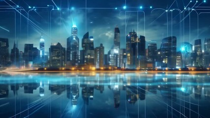 Aufkleber - Illuminated skyscrapers reflecting on water at night with futuristic digital network connections highlighting the concept of smart city and technological advancement