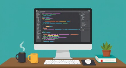 Fototapete - A flat illustration of a coding workspace featuring a desktop computer with colorful lines of code on the screen