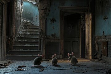 Poster - Three rodents in dilapidated building, stairs visible.