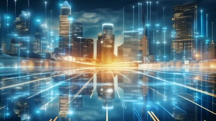 Poster - Illuminated skyscrapers reflecting on wet asphalt in a smart city with digital data flowing, creating a futuristic urban landscape at night