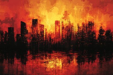 Wall Mural - Urban skyline reflecting fiery sunset over water, creating a dramatic and moody atmosphere at dusk