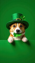 Cute dog wearing green leprechaun hat holding four leaf clover for st. Patrick's day