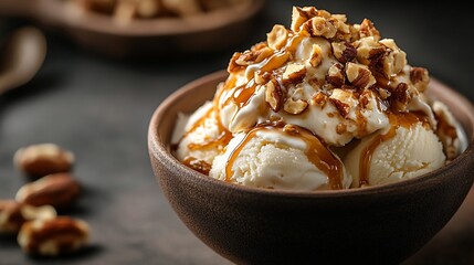 Wall Mural - Creamy vanilla ice cream topped with caramel sauce and chopped nuts in a rustic bowl.