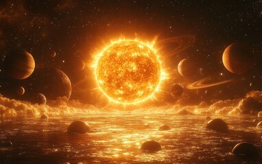 Wall Mural - Surreal Cosmic Scene of Vibrant Orange Sun and Spiral Arrangement of Solar System Planets