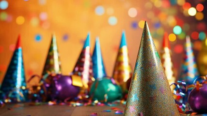 Poster - Shiny party hats stand among colorful decorations and ribbons, creating a festive atmosphere with blurred bokeh lights in the background, perfect for celebrating special occasions