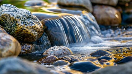 Wall Mural - Tranquil Landscape Serene Waterfall Flowing Over Smooth Stones, Reflecting Natures Beauty and Evoking Peaceful Harmony in Stream of Water and Rocks.