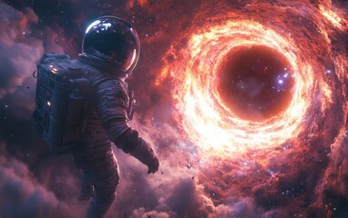 Wall Mural - Surreal Astronaut Floating Near Cosmic Black Hole with Radiant Event Horizon and Dramatic Background