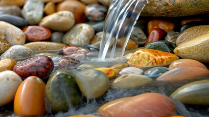 Wall Mural - Colorful Pebbles and Stones in Clear Stream Natures Flowing Water Creates Serene River Scene with Tranquil Rocks and Vibrant Colors.