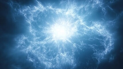 Wall Mural - Bright light exploding from a blue and white cloudy center. Suggests creation or energy release. Ideal for sci-fi or fantasy projects.
