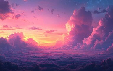 Wall Mural - Celestial Sunset: A Dreamy Panorama of Pink and Purple Clouds