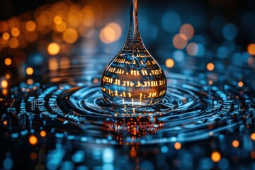 Poster - Digital Water Droplet Icon with Binary Code for AI in Water Resource Management and Hydrology Modeling