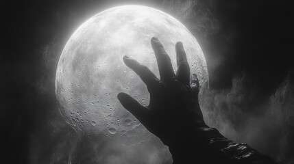 Wall Mural - Surreal Astronaut Reaching for Floating Moon Ethereal Minimalist Black and White Space Art