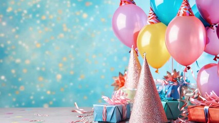 Poster - Colorful balloons, sparkling party hats, and beautifully wrapped gifts create a festive atmosphere, perfect for celebrating birthdays or special occasions against a vibrant blue background