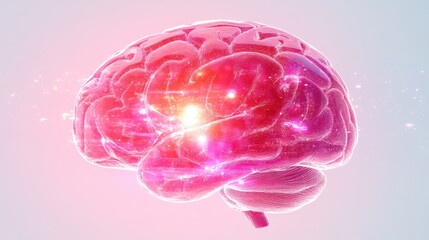 Poster - A vibrant pink translucent brain radiates light and energy suggesting heightened mental activity and cognitive function. Ideal for health tech and neuroscience applications.