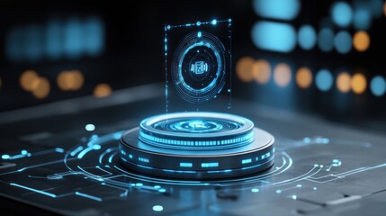 Aufkleber - Futuristic holographic interface displaying data and controls. Ideal for visualizing complex systems, data analysis, and interactive dashboards in tech and sci-fi settings.