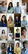 © fizkes - Vertical collage view, group of happy smiling people look at camera, videocall application usage for worldwide communication, businesspeople, students, diverse age, race and occupation people portrait