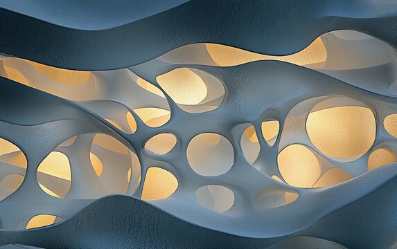 Abstract 3D rendering of a porous, organic structure with glowing interior.
