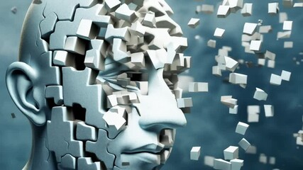 Aufkleber - Human head made of puzzle pieces is crumbling and dissolving into small pieces, illustrating concepts of mental health, artificial intelligence, dementia, and memory loss