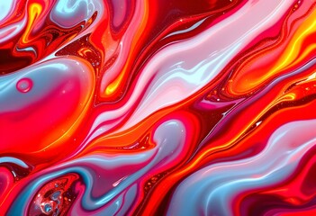 Poster - Vibrant liquid art with flowing red and blue marble pattern. Abstract fluid paint texture with wavy swirls. Modern acrylic pour background for design projects and wall art