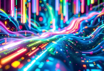 Poster - Colorful neon light trails and glowing energy waves on dark background. Abstract digital art with dynamic motion effect. Technology and future concept for business design with copy space
