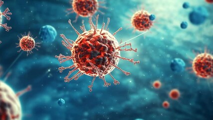 Aufkleber - Microscopic view of virus cells attacking human body, causing infectious disease, 3d illustration representing microbiology and health, ideal for medical and scientific publications