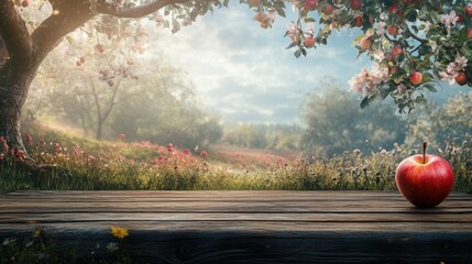 Wall Mural - Red apple on wooden table, blooming orchard background.