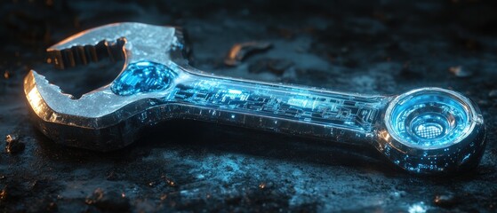 Poster - futuristic blue digital wrench spanner with glowing circuitry and binary code for smart maintenance management AI in predictive diagnostics and remote repair assistance