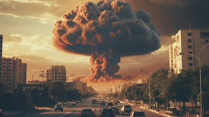 Poster - Mushroom cloud rising from a nuclear bomb exploding over a city, with cars fleeing on the highway during a dramatic sunset, creating an apocalyptic scene filled with chaos and devastation