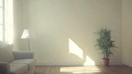 Wall Mural - Sunlit living room with sofa, lamp, and plant.