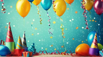 Poster - Colorful balloons float above a wooden table decorated with party hats, wrapped gifts, and confetti, creating a festive atmosphere for a birthday celebration