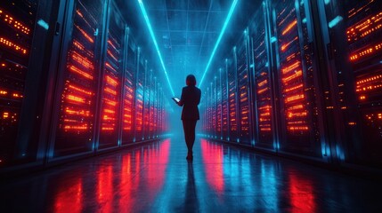Poster - Futuristic Data Center with Business Executive Holding Tablet in Neon Lit Environment
