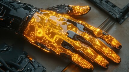 Poster - A robotic hand with glowing circuitry. Ideal for science fiction, cyberpunk, or futuristic projects.  Showcase advanced technology or artificial intelligence.