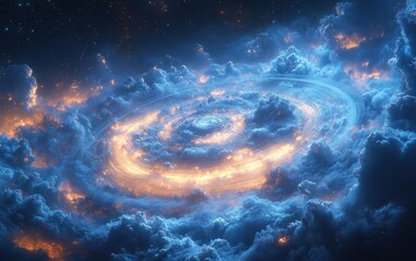 Wall Mural - Celestial Body Surrounded by Luminous Rings with Dramatic Lighting and Swirling Clouds