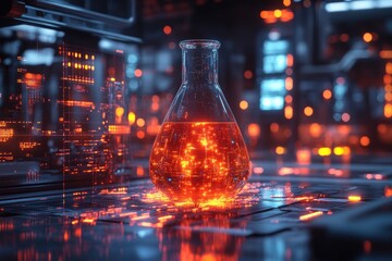 Fototapete - Glowing Digital Laboratory Flask Icon Represents AI Integration in Scientific Experimentation and Data Analysis for Accelerated Research and Discovery