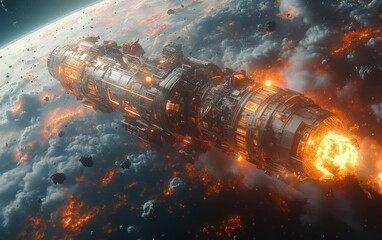 Wall Mural - Futuristic Space Station Orbiting Earth with Explosions and Dramatic Lighting